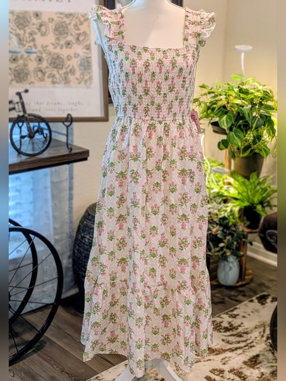 Pink & Green Floral Smocked Sundress